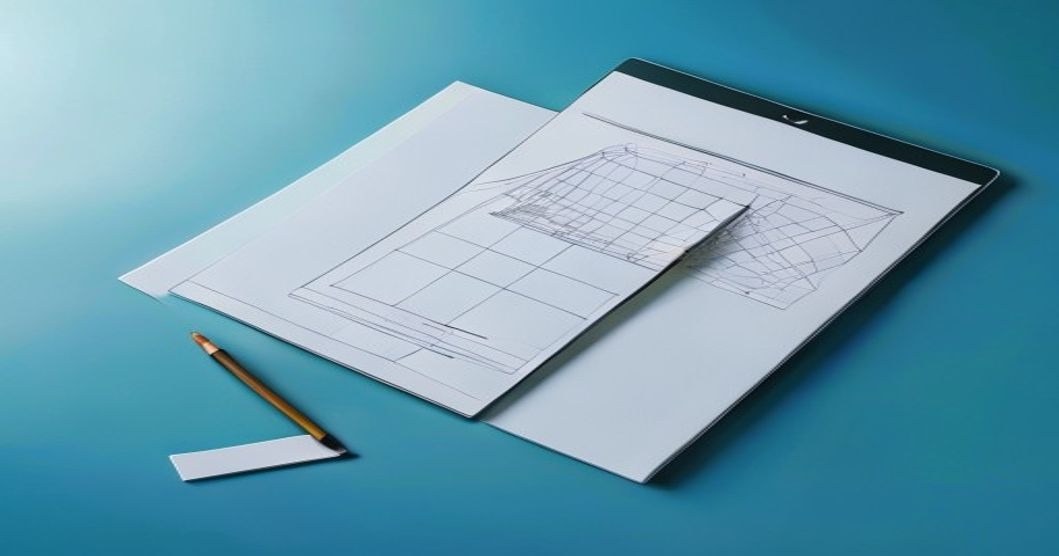 Vom Scribble zum digitalen Wireframe – KI-Workflow Webdesign Handgezeichnete Wireframe-Skizze auf Papier neben Tablet mit digitalem Layout als Symbol für hybriden KI-Workflow im Webdesign