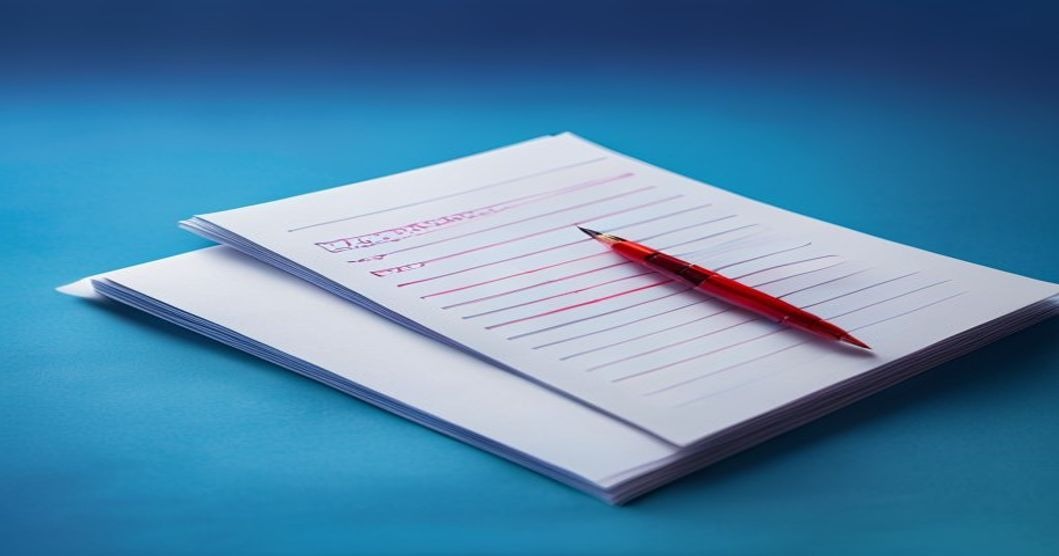 Content-Marketing 2026 – Storytelling gegen KI-Content Rot handschriftlich editiertes Blatt ragt aus einem Stapel identischer Blätter heraus als Symbol für menschliches Storytelling gegen austauschbaren KI-Content
